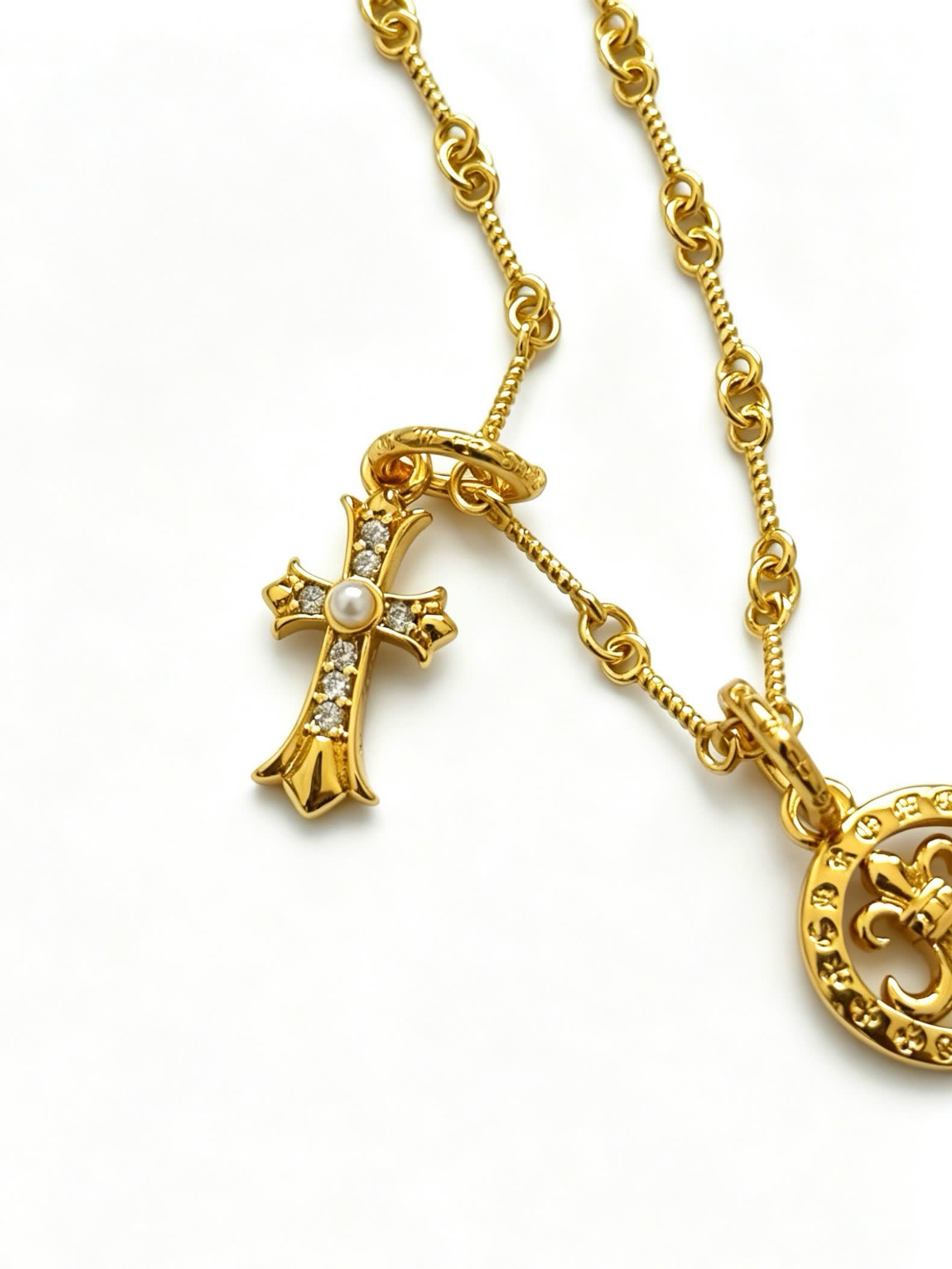 Chrome Hearts Gold Rosary Necklace with Cross and Round Medallion